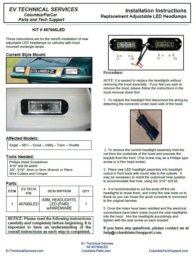 LED Headlight Installation, Columbia ParCar Eagle P4, Shuttle C6, Scout